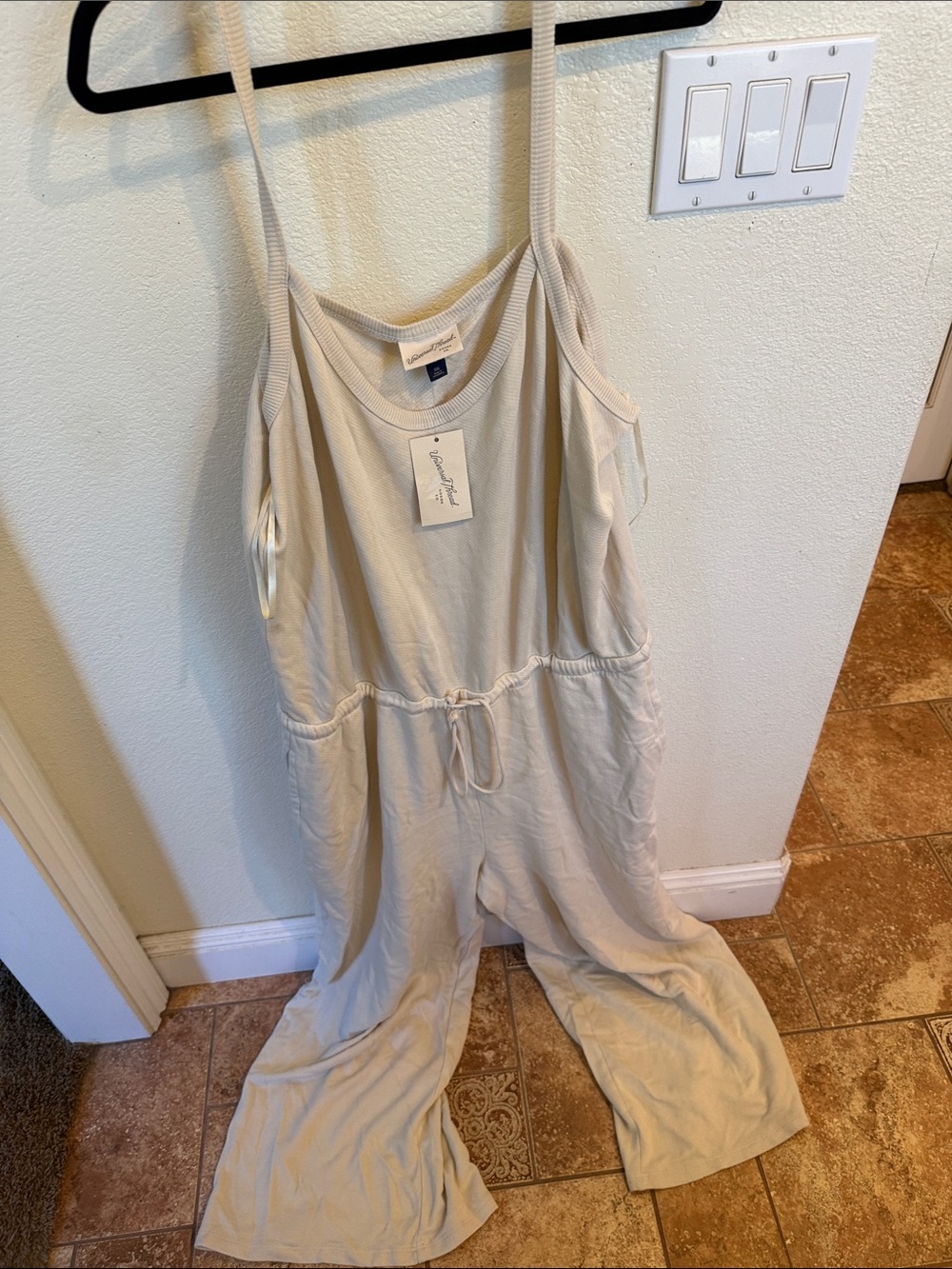 Universal Thread Beige Ribbed Wide-Leg Jumpsuit with Drawstring